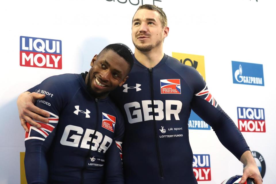 Fearon (L) with Bruce Tasker after their two-man bobsleigh run in Koenigssee: Getty Images For IBSF