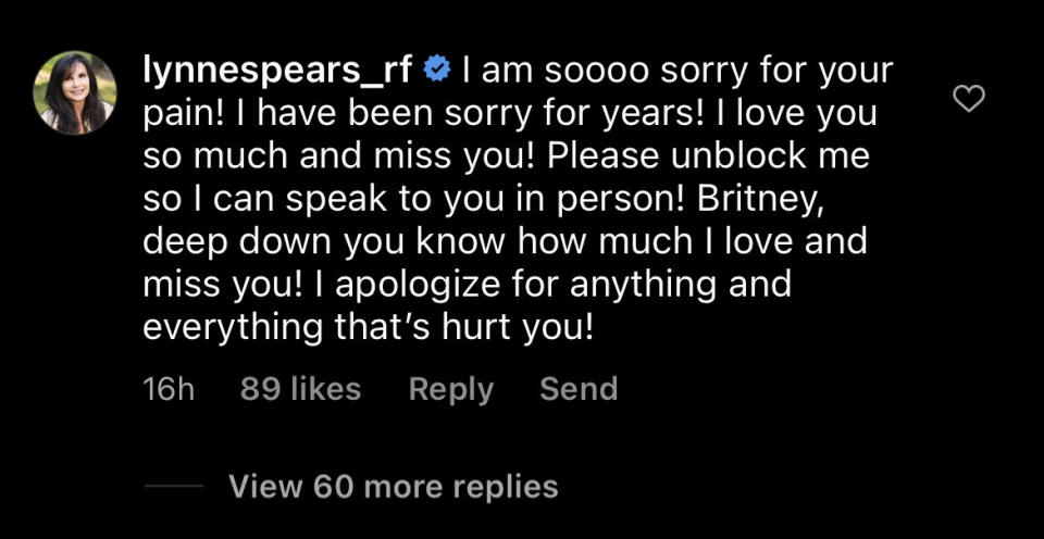 Screenshot of Lynne Spears' comment on Instagram