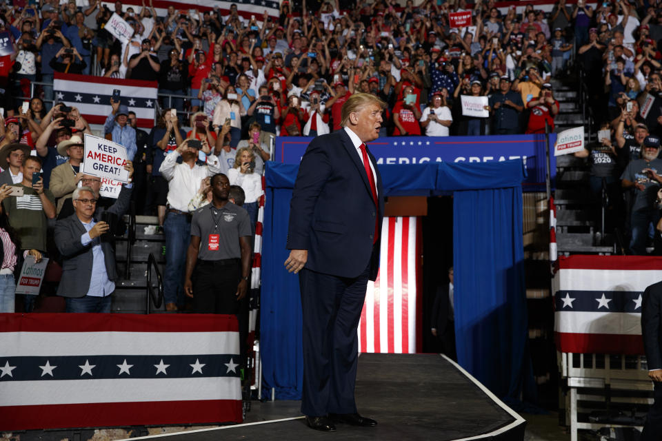 President Donald Trump arrives to speak at a campaign rally at the Santa Ana Star Center, Monday, Sept. 16, 2019, in Rio Rancho, N.M. (AP Photo/Evan Vucci)