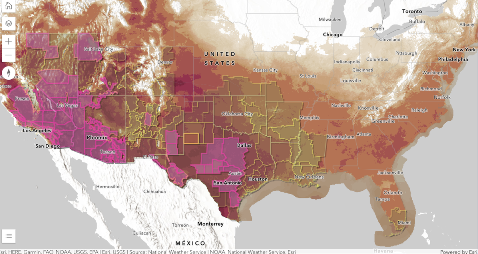 Extreme temperatures soaring into the triple digits are digging in across the US Southwest and building along the Gulf and in the Southeast on Monday (NOAA/NWS)