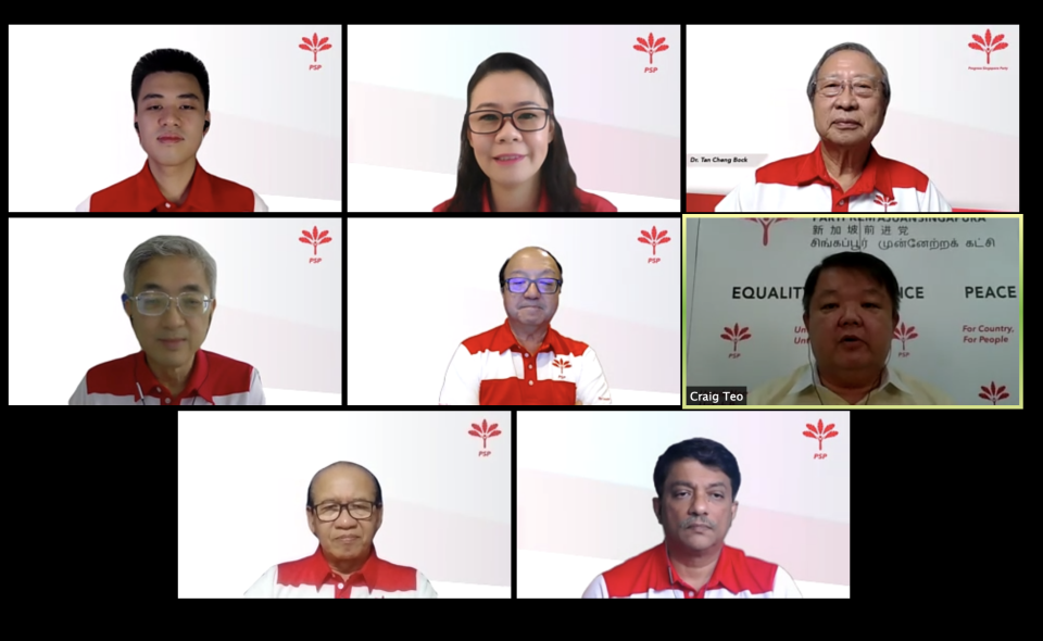Screenshot of PSP's second batch of confirmed candidates for the upcoming general election. From left: Choo Shaun Ming, Kayla Low, Sec-gen Dr Tan Cheng Bock, Dr Tan Meng Wah, Dr Ang Yong Guan, host Craig Teo, A'bas Kasmani and Harish Pillai (PHOTO: Progress Singapore Party)