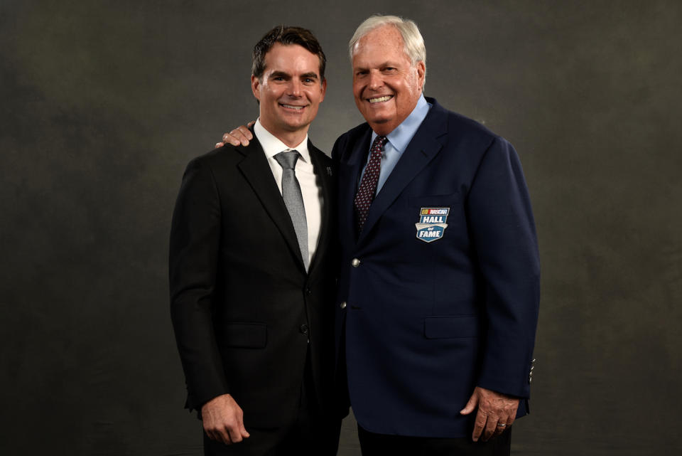 Jeff Gordon’s car owner Rick Hendrick (R) was inducted into the Hall of Fame in January. (Getty)