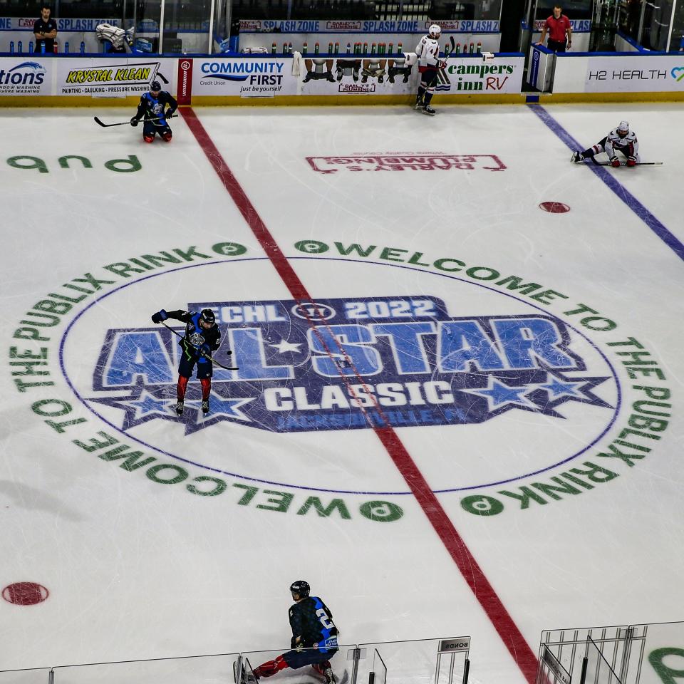 Center ice showing the All-Star Classic logo during warm-ups before an ECHL hockey game between the Icemen and South Carolina Stingrays.