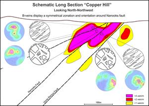 Long section through the high-grade Copper Hill deposit demonstrating the relationship between veins hosting the high-grade mineralisation and low angle structures. These b-veins are zoned symmetrically around Nanooks Fault strongly suggesting they formed during movement on that fault. Mapping this fault and others of similar orientation through the Mining lease becomes a critical tool for identifying and expanding high-grade mineralisation.