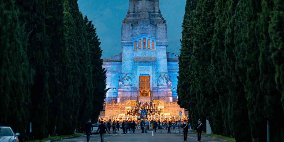 A view of the Monumental Cemetery of Bergamo during the Gaetano Donizettis Messa di Requiem in memory of the Coronavirus (COVID-19) victims in the presence of the President of Italian Republic, Sergio Mattarella, and 243 mayors on June 28, 2020 in Bergamo, Italy. (Photo by Alessandro Bremec/NurPhoto via Getty Images)