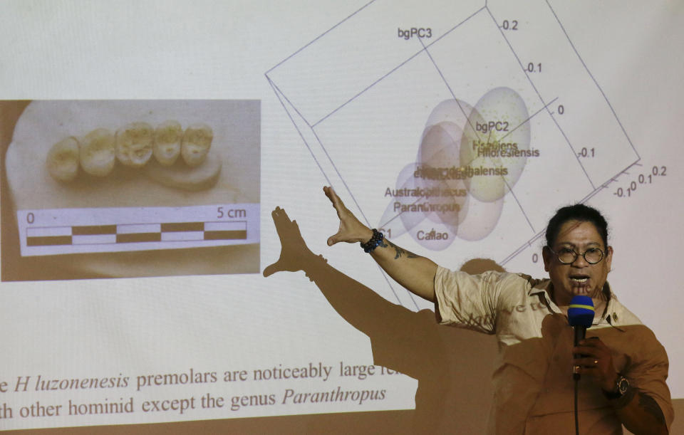 Filipino archeologist Armand Salvador Mijares talks about the fossil bones and teeth they recovered from Callao Cave belonging to a new species they called Homo Luzonensis during a press conference in metropolitan Manila, Philippines on Thursday, April 11, 2019. Archaeologists who discovered fossil bones and teeth of a previously unknown human species that thrived more than 50,000 years ago in the northern Philippines say they plan more diggings and better protection of the popular limestone cave complex where the remains were unearthed. (AP Photo/Aaron Favila)