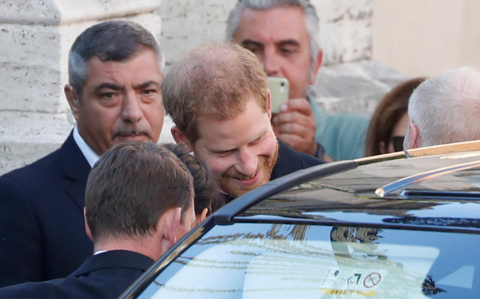 Britain's Prince Harry, Duke of Sussex, arrives to attend the wedding of fashion designer Misha Nonoo at Villa Aurelia in Rome, Italy, September 20, 2019. REUTERS/Yara Nardi