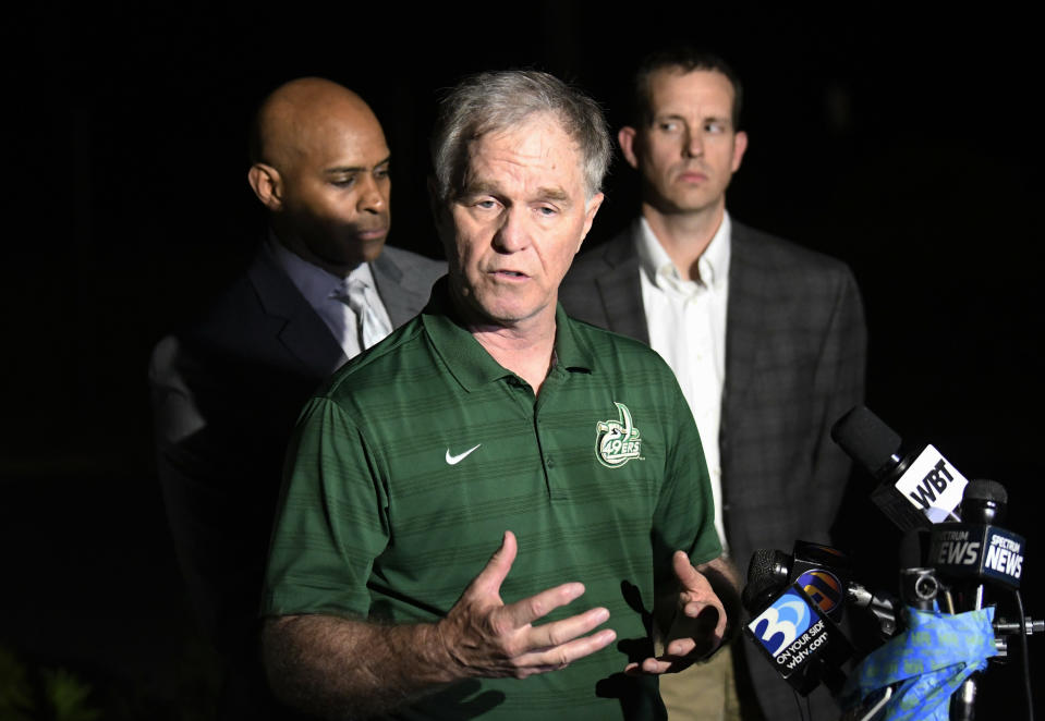 UNC Charlotte Police & Public Safety Chief Jeff Baker speaks to the media in the aftermath of the fatal shooting on the campus, Tuesday, April 30, 2019, in Charlotte, N.C. (David T. Foster III/The Charlotte Observer via AP)