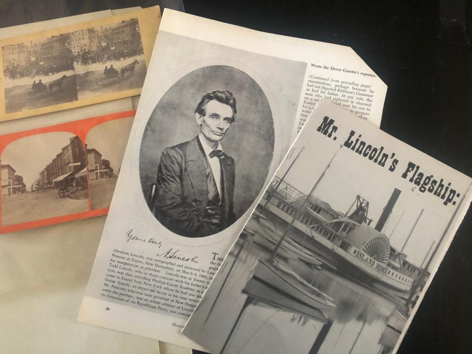 Records in the Portsmouth Athenaeum's archives on Abraham Lincoln include an image from the president's April 1865 memorial service on Market Square; an October 1960 Profiles magazine article on Lincoln's four March 1860 speeches in New Hampshire (Concord, Manchester, Dover and Exeter); and a Yankee Magazine article from February 1969.