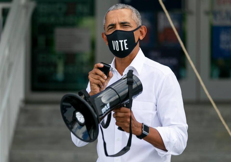 Former President Barack Obama speaks to Joe Biden field organizers during a surprise stop in Miami Springs, Florida on Saturday, October 24, 2020.