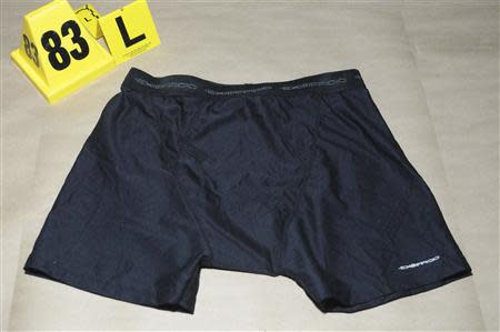 Underwear worn by Adam Lanza is pictured in this evidence photo released by the Connecticut State Police, December 27, 2013. REUTERS/Connecticut State Police/Handout via Reuters