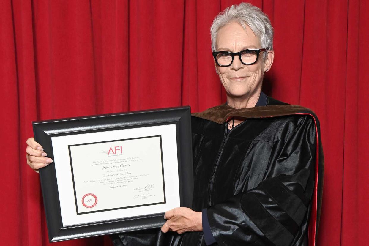 <p>Araya Doheny/Getty</p> Jamie Lee Curtis with her honorary degree from the American Film Institute on Aug. 10, 2024