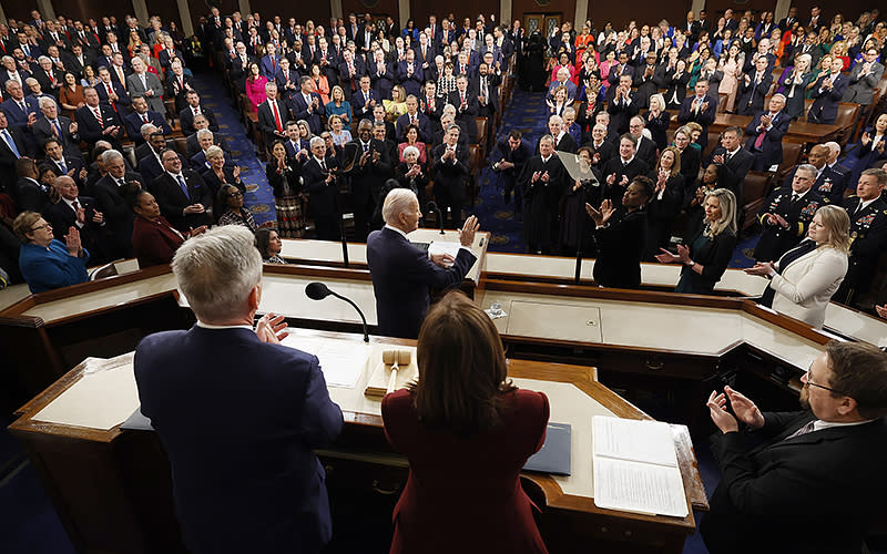 President Biden gives his State of the Union address during a joint session of Congress on Feb. 7. <em>Kevin Dietsch/Getty Images</em>