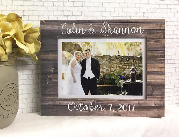 Get creative with a <a href="https://www.etsy.com/listing/545378762/personalized-wedding-frame-personalized?ga_order=most_relevant&amp;ga_search_type=all&amp;ga_view_type=gallery&amp;ga_search_query=wedding%20frames&amp;ref=sr_gallery-1-1" target="_blank">picture frame</a>! Save their wedding invite, include a cute picture you took of them on their wedding day, or insert one of the first photos they took together.&nbsp;