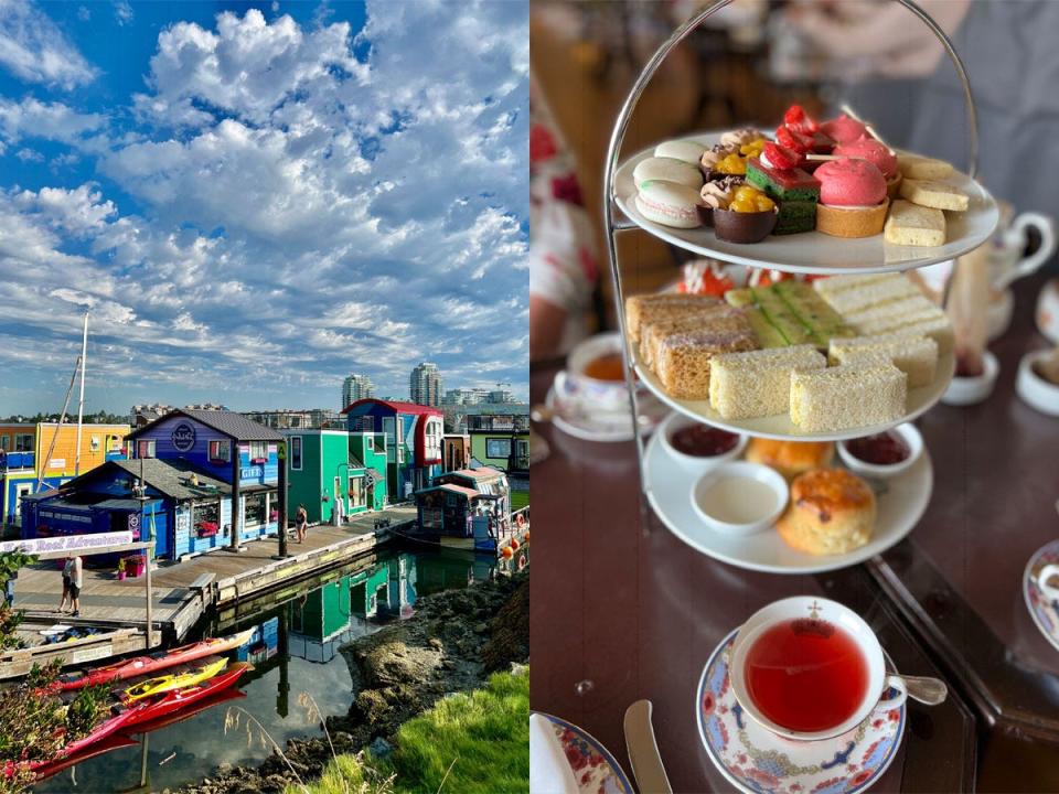 victoria houses on water, tea tray and cup