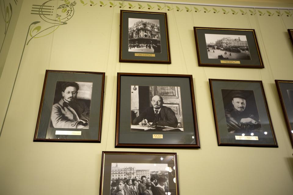 In this photo taken on Thursday, Feb. 21, 2019, portraits of Revolutionary leaders Leonid Trotsky, Vladimir Lenin and Nikolay Bukharin are displayed on the wall inside the Metropol Hotel in Moscow, Russia. The Metropol, which opened in 1905, has borne witness to some of Moscow’s most dramatic chapters. It has seen glamour, revolution and espionage; gangsters and celebrities. (AP Photo/Alexander Zemlianichenko)