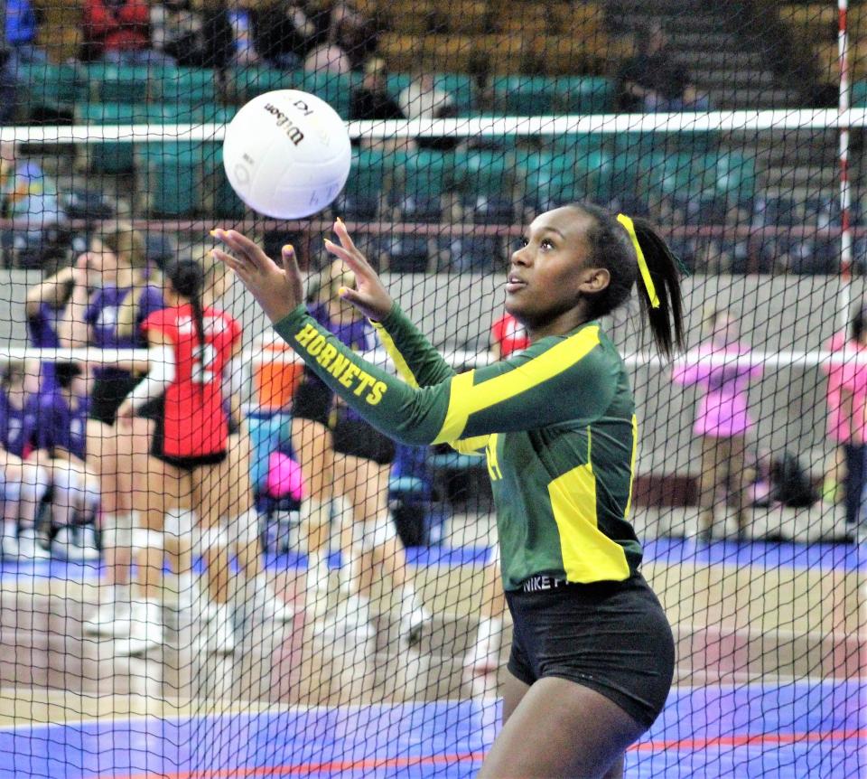 Weynishet Farnworth gets set to serve the ball to Discovery Canyon on day two of the Class 4A girls state volleyball tournament on Friday, Nov. 11, 2022.