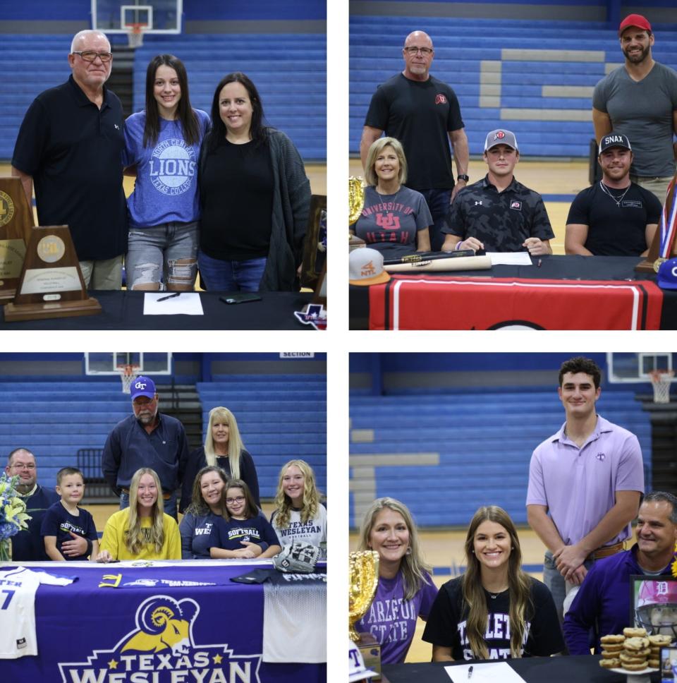 Clockwise: Gunter's Trey Oblas (Utah, baseball), Hayden Fox (Tarleton, softball), Rhyan Pogue (Texas Wesleyan, softball) and Shae Pruiett (NCTC, volleyball) signed their letters of intent.