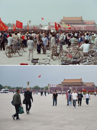 Heavy surveillance and tight policing make it difficult for a repeat of protests like the 1989 Tiananmen pro-democracy movement (Tiananmen Square shown in May 1989 (top), and now)