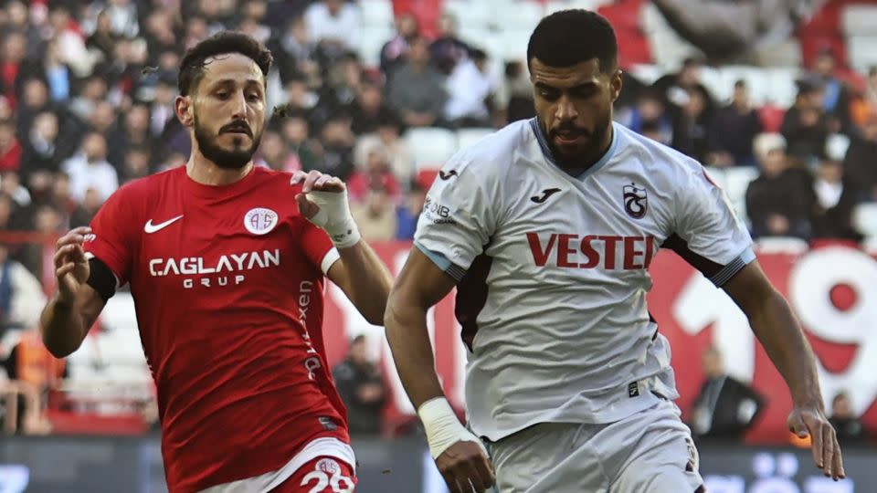 Jehezkel (left) vies with Trabzonspor's Rayyan Baniya for the ball during Sunday's game between Antalyaspor and Trabzonspor. - Cafer Eser/IHA/AP