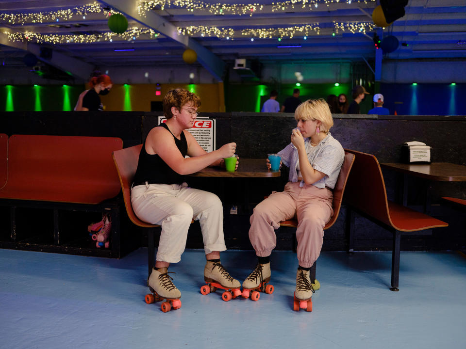 Asher, 16, left, and Blake, 15, celebrate Asher’s birthday at a roller-skating rink near Asheville, N.C. For his next birthday, Asher says he wants to invite all his friends to a dinner party where the dress code is “fancy—whatever that means to you.” He wants to make it special. “I really like having reasons to dress up,” he says.<span class="copyright">Annie Flanagan</span>