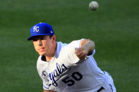 Kansas City Royals starting pitcher Kris Bubic delivers to a Chicago Cubs batter during the first inning of a baseball game at Kauffman Stadium in Kansas City, Mo., Wednesday, Aug. 5, 2020. (AP Photo/Orlin Wagner)