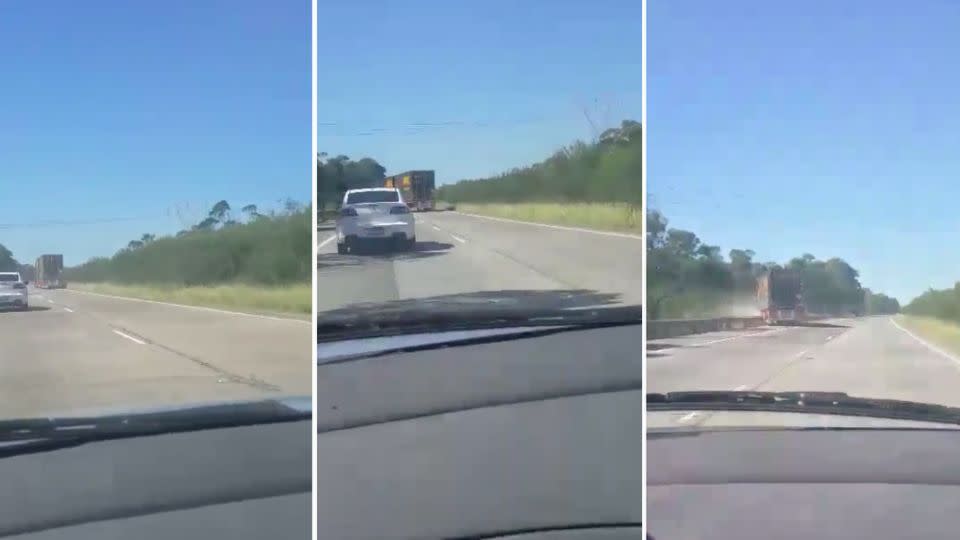 The semi-trailer can be seen swerving dangerously from side-to-side across the double-lane highway. Photo: Facebook