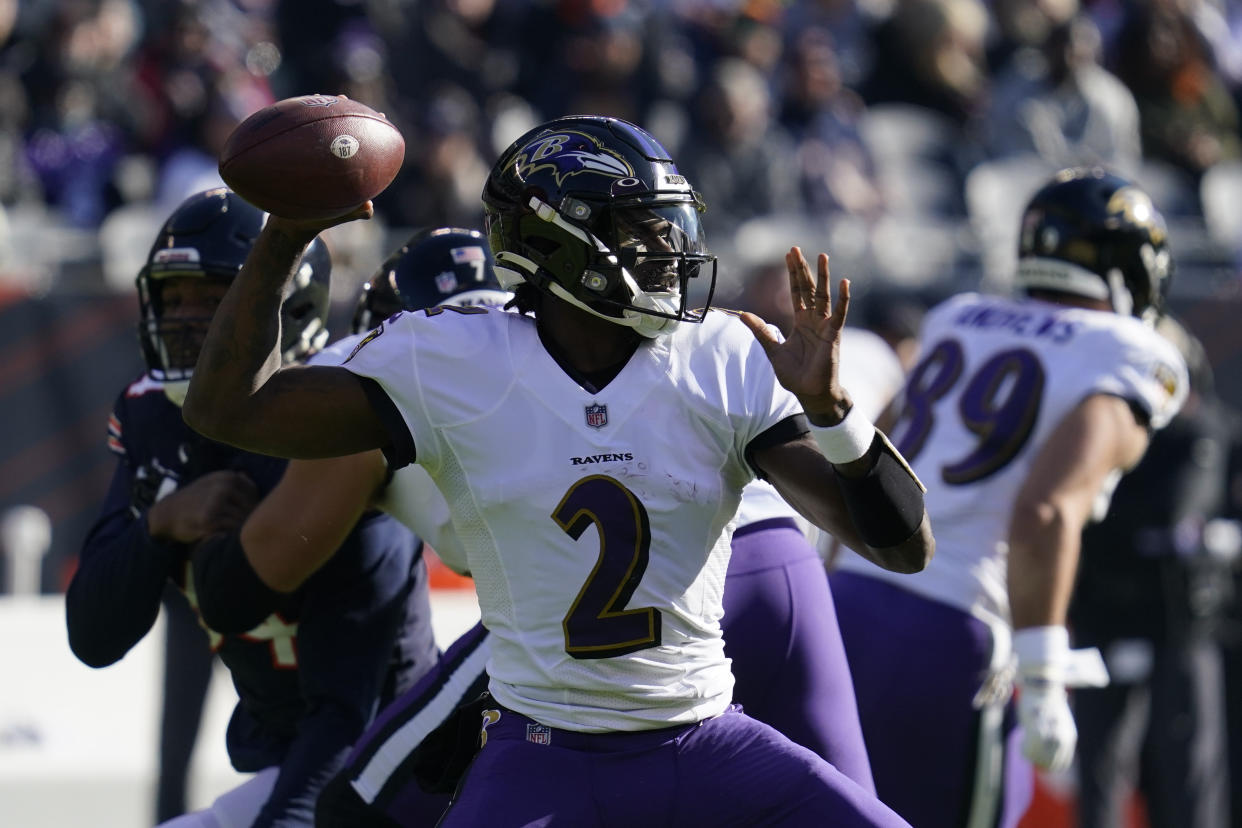 Baltimore Ravens quarterback Tyler Huntley passes during the first half of an NFL football game against the Chicago Bears Sunday, Nov. 21, 2021, in Chicago. (AP Photo/Nam Y. Huh)