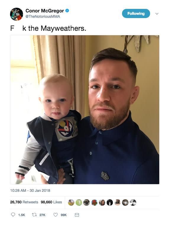 BANG! McGregor slams his rival with a picture of his young son. Pic: Twitter