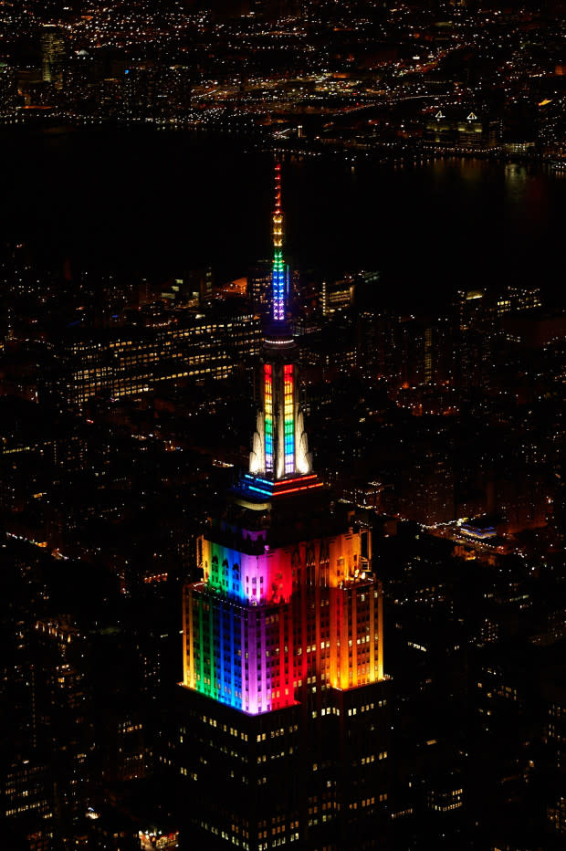 The Empire State Building lit up in rainbow colors to honor the ACLU's Drag Defense Fund and the cast of RuPaul's Drag Race All Stars Season 8<p>Empire State Building</p>