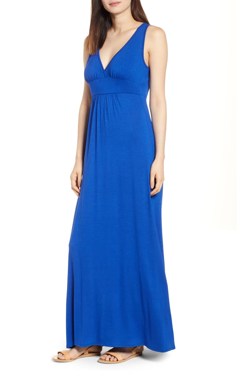 Loveappella V-neck Jersey Maxi Dress in blue mazarine