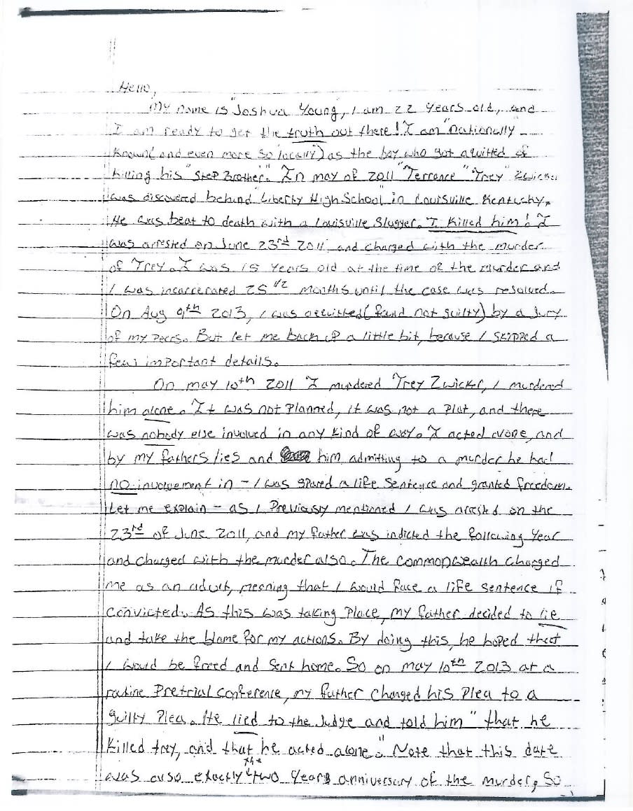 Josh Young penned a four-page confession, detailing the horrific murder of his step-brother. Source: WHAS 11 NEWS