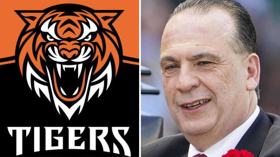 The Brisbane Tigers logo is seen left, and Peter V'landys on the right.