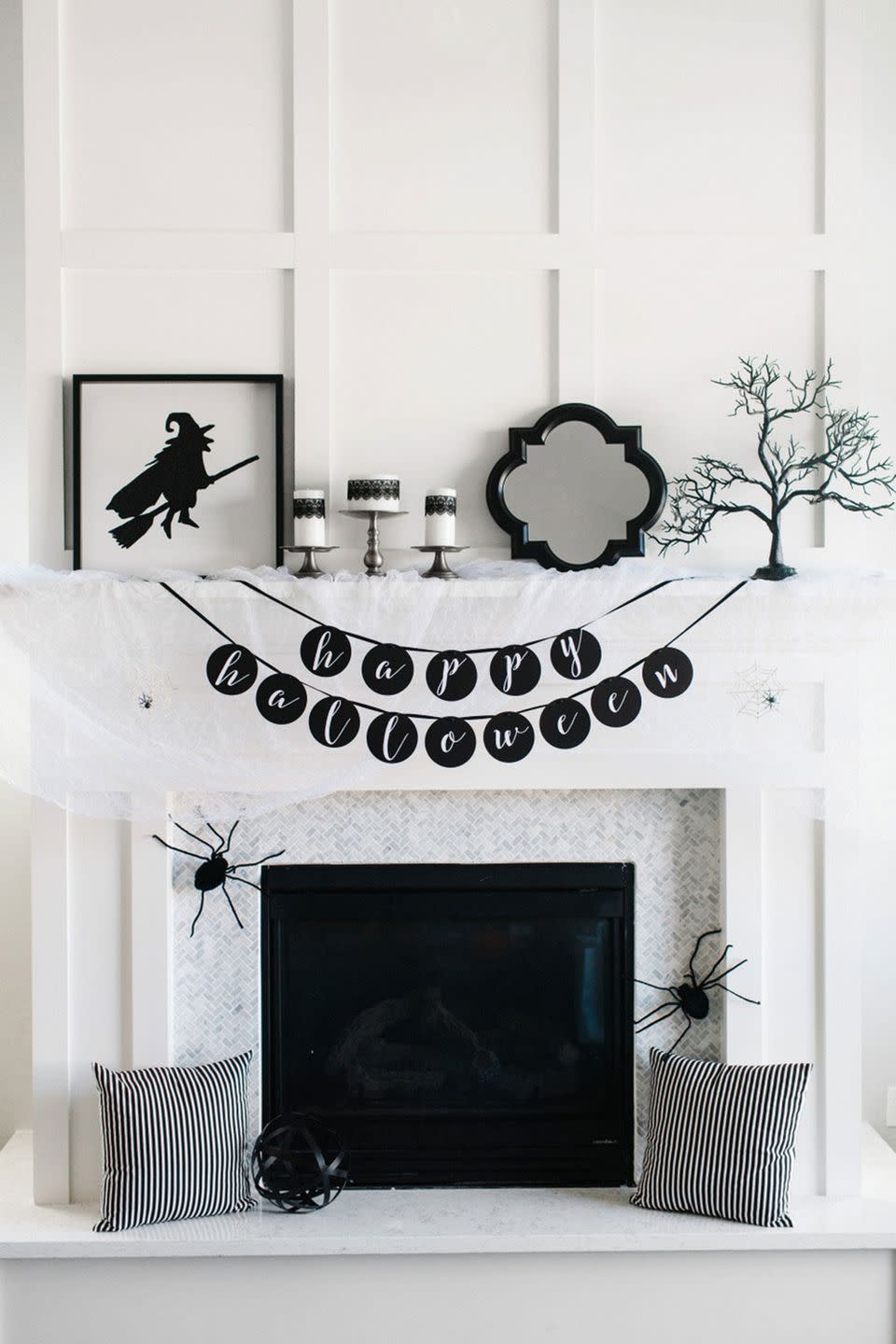 Glam Black and White Halloween Mantel Decor