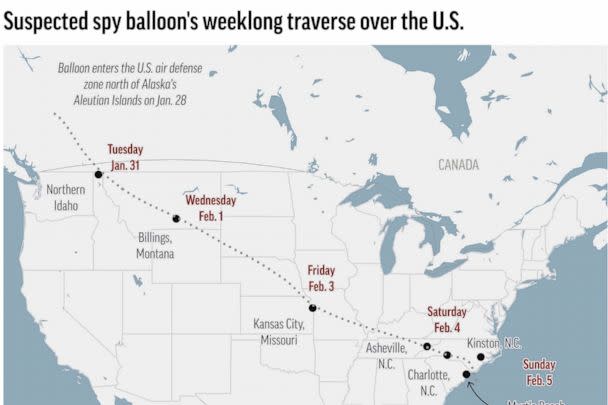 PHOTO: Map shows the path of suspected Chinese spy balloon across the U.S. at the beginning of 2023. (AP)