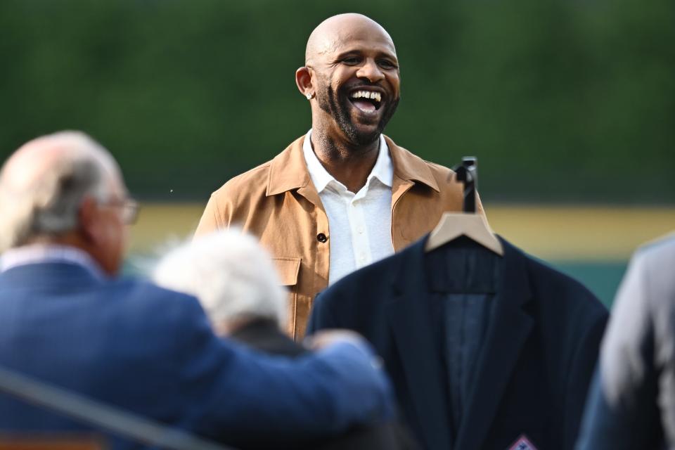 Aug 3, 2024; Cleveland, Ohio, USA; Former Cleveland Indians player CC Sabathia acknowledges the crowd during his Cleveland Guardians Hall of Fame ceremony before the game between the Guardians and the Baltimore Orioles at Progressive Field. Mandatory Credit: Ken Blaze-USA TODAY Sports