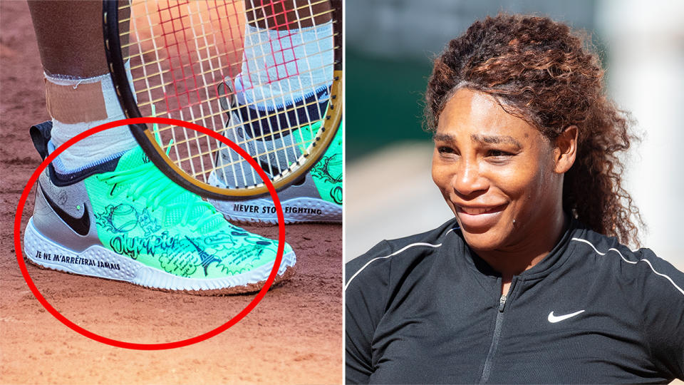 Serena Williams (pictured right) smiling during practice and (pictured left) her new signature Nike shoes (pictured left) at Roland Garros with her three-year-old-daughter's, Olympia, name etched across them