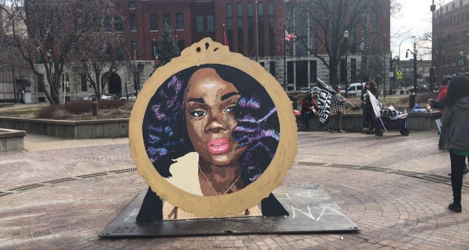 A mural of Breonna Taylor rests in Jefferson Square Park as protesters rally over the not guilty verdict of former Louisville Metro Police detective Brett Hankison.