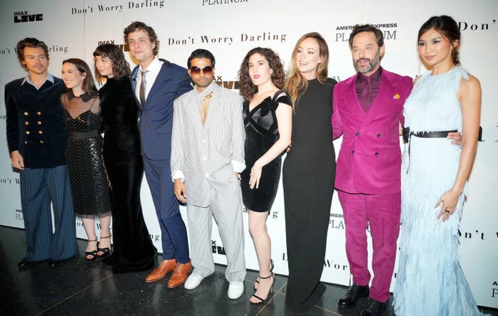 Harry Styles, Katie Silberman, Sydney Chandler, Douglas Smith, Asif Ali, Kate Berlant, Olivia Wilde, Nick Kroll, and Gemma Chan attend the "Don't Worry Darling" NYC premiere.