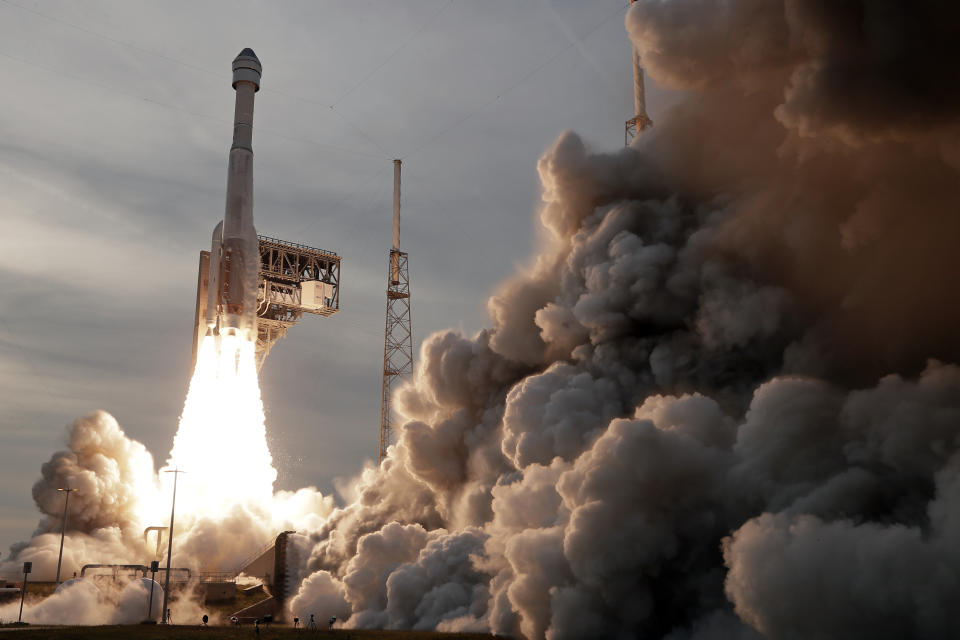 A United Launch Alliance Atlas V rocket carrying the Boeing Starliner crew capsule lifts off on a second test flight to the International Space Station from Space Launch Complex 41 at Cape Canaveral Space Force station in Cape Canaveral, Fla., Thursday, May 19, 2022. (AP Photo/John Raoux)