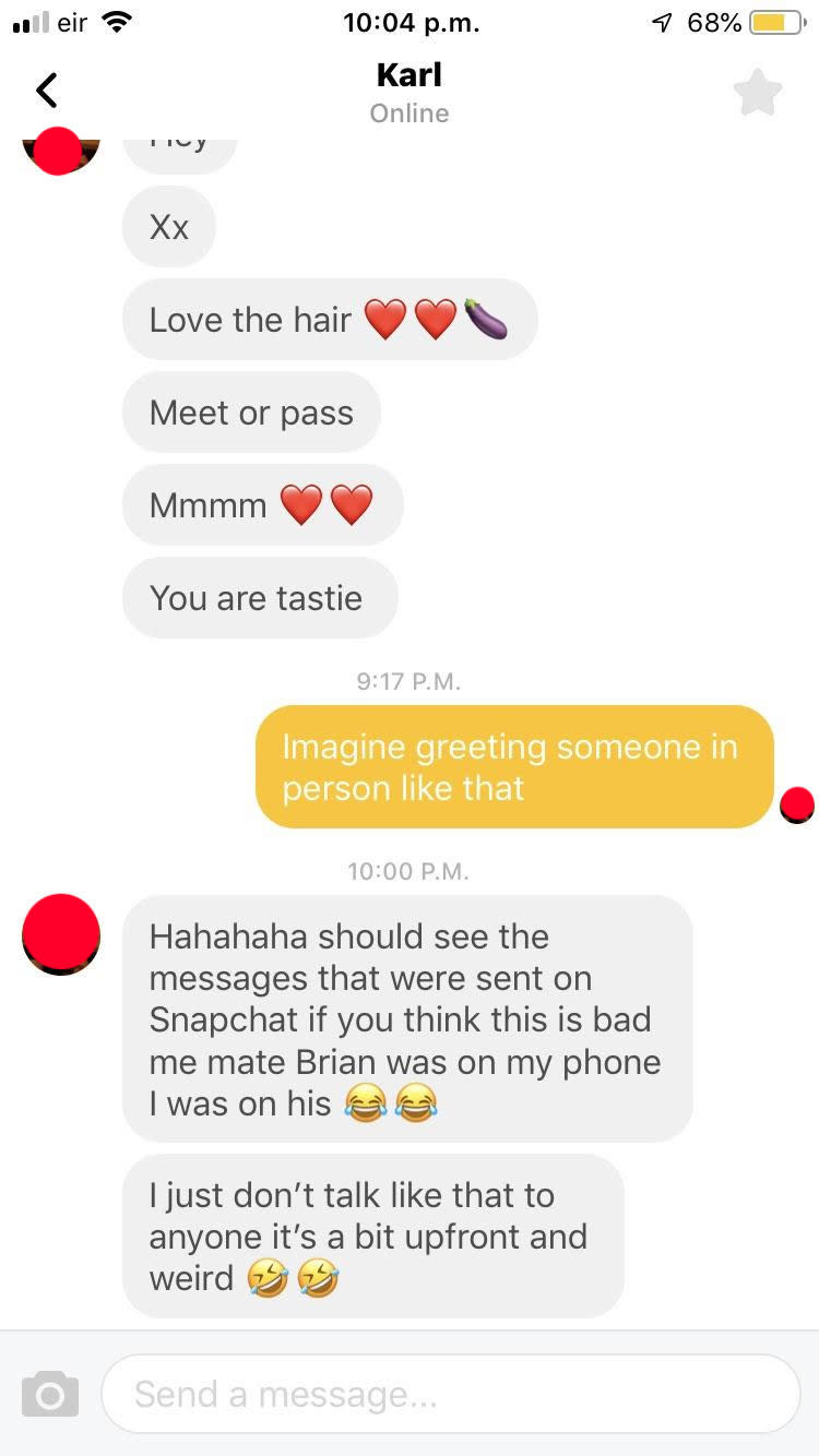 Text says "Love the hair" and "You are tasty," the response is "Imagine greeting someone in person like that," and they say their mate Brian was on their phone and they don't talk like that 'cause it's a bit weird