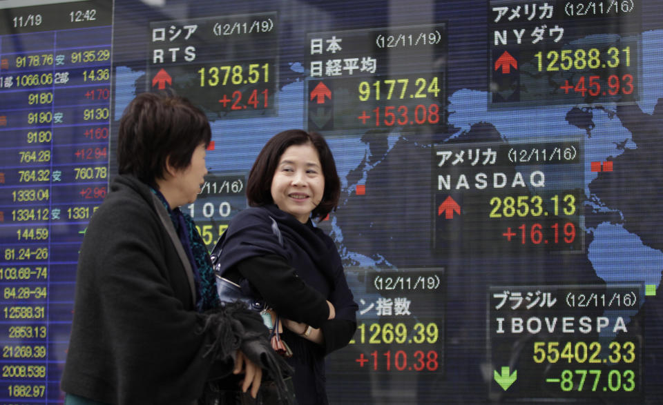 Women walk past an electronic stock indicator in Tokyo, Monday, Nov. 19, 2012 as the yen's recent weakness helped boost Japan's Nikkei 225 and its heavy orientation toward exporting companies. The index in Tokyo jumped 1.6 percent to 9,171.26, a two-month high. (AP Photo/Shizuo Kambayashi)