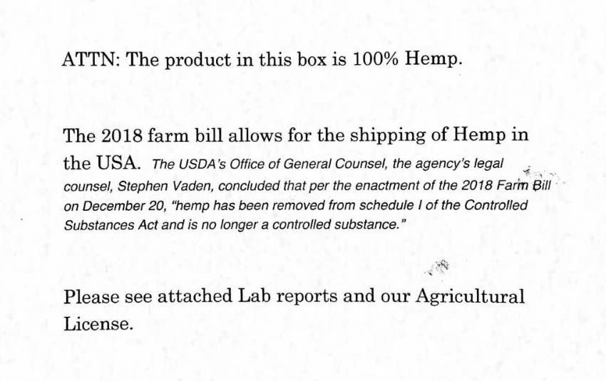 A letter from Fox Holler Farm that comes with every hemp package. (Photo: Oren Levy)