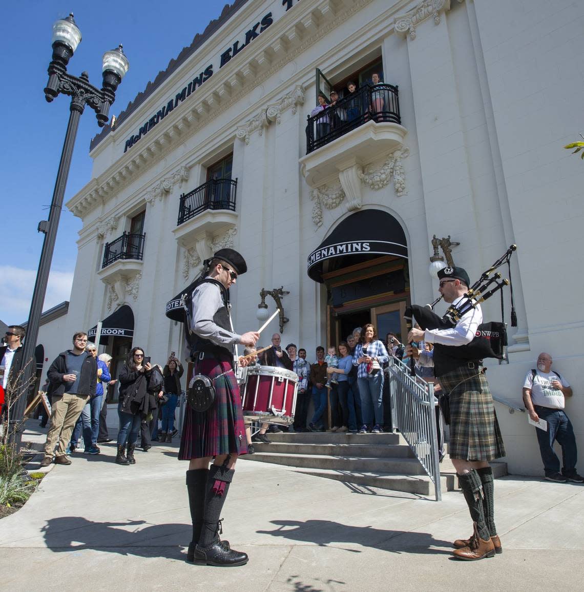 Bagpiper and drummer outside of McMenamins Elks Temple in Tacoma.