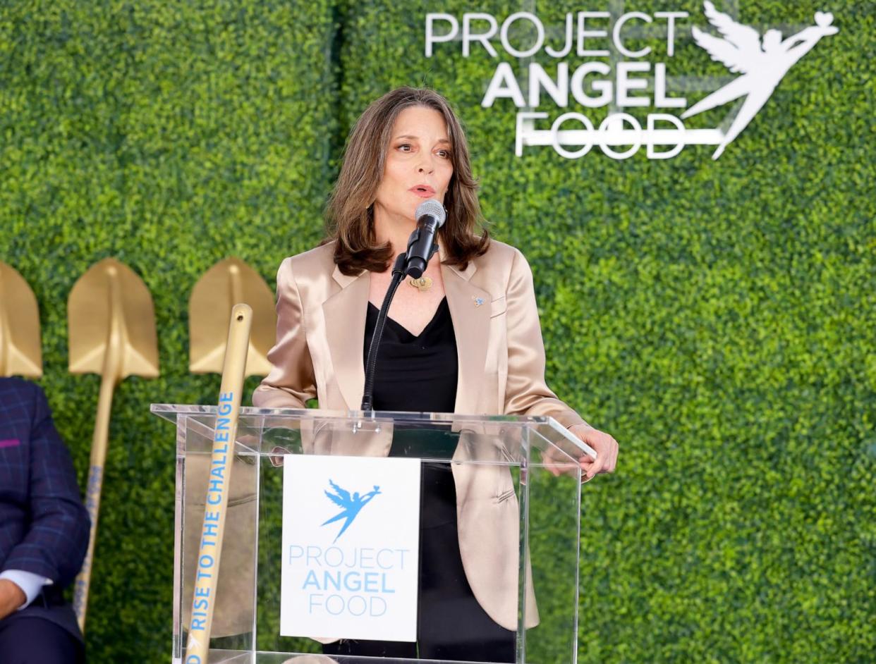 PHOTO: Marianne Williamson speaks onstage during Project Angel Food's 'Rise to the Challenge' groundbreaking ceremony, Aug. 3, 2023, in Hollywood, Calif. (Matt Winkelmeyer/Getty Images, FILE)