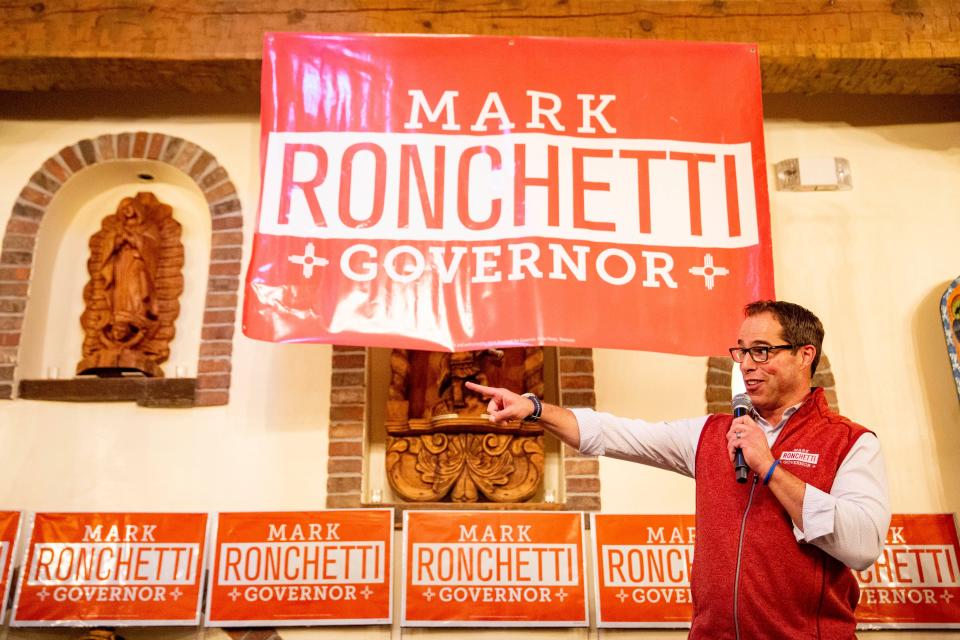 Gubernatorial candidate Mark Ronchetti speaks during a campaign event on Wednesday, Oct. 5, 2022, at La Posta de Mesilla.