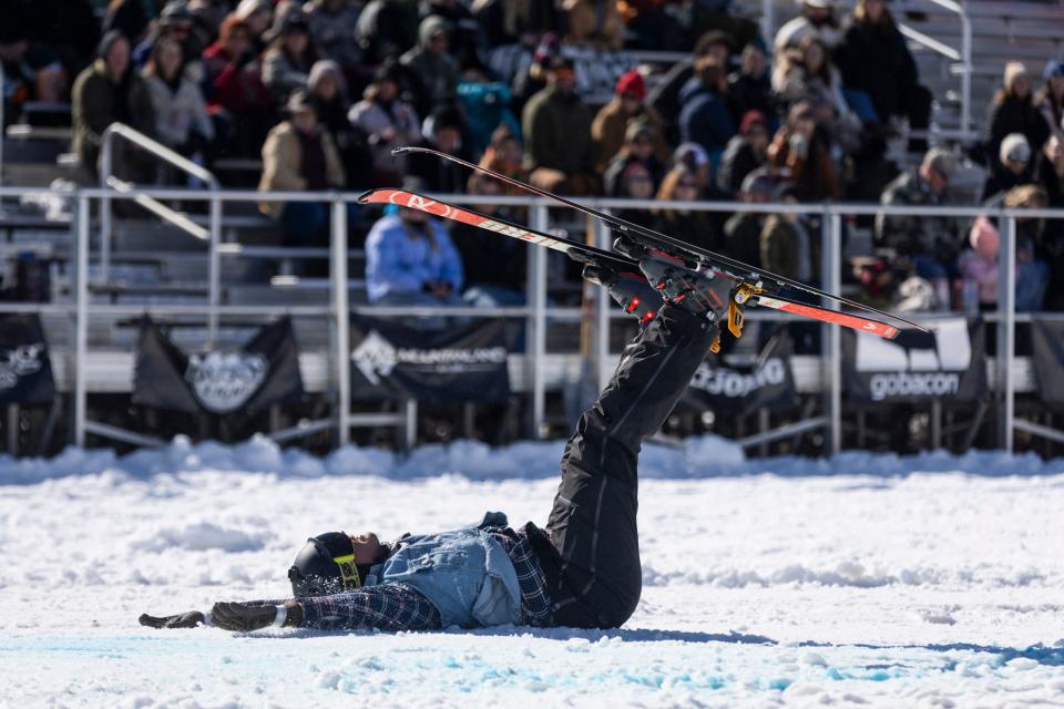 Tommy Flitton lays on his back after crashing over a jump during the 2024 Utah Skijoring competition at the Wasatch County Event Complex in Heber City on Saturday, Feb. 17, 2024. | Marielle Scott, Deseret News