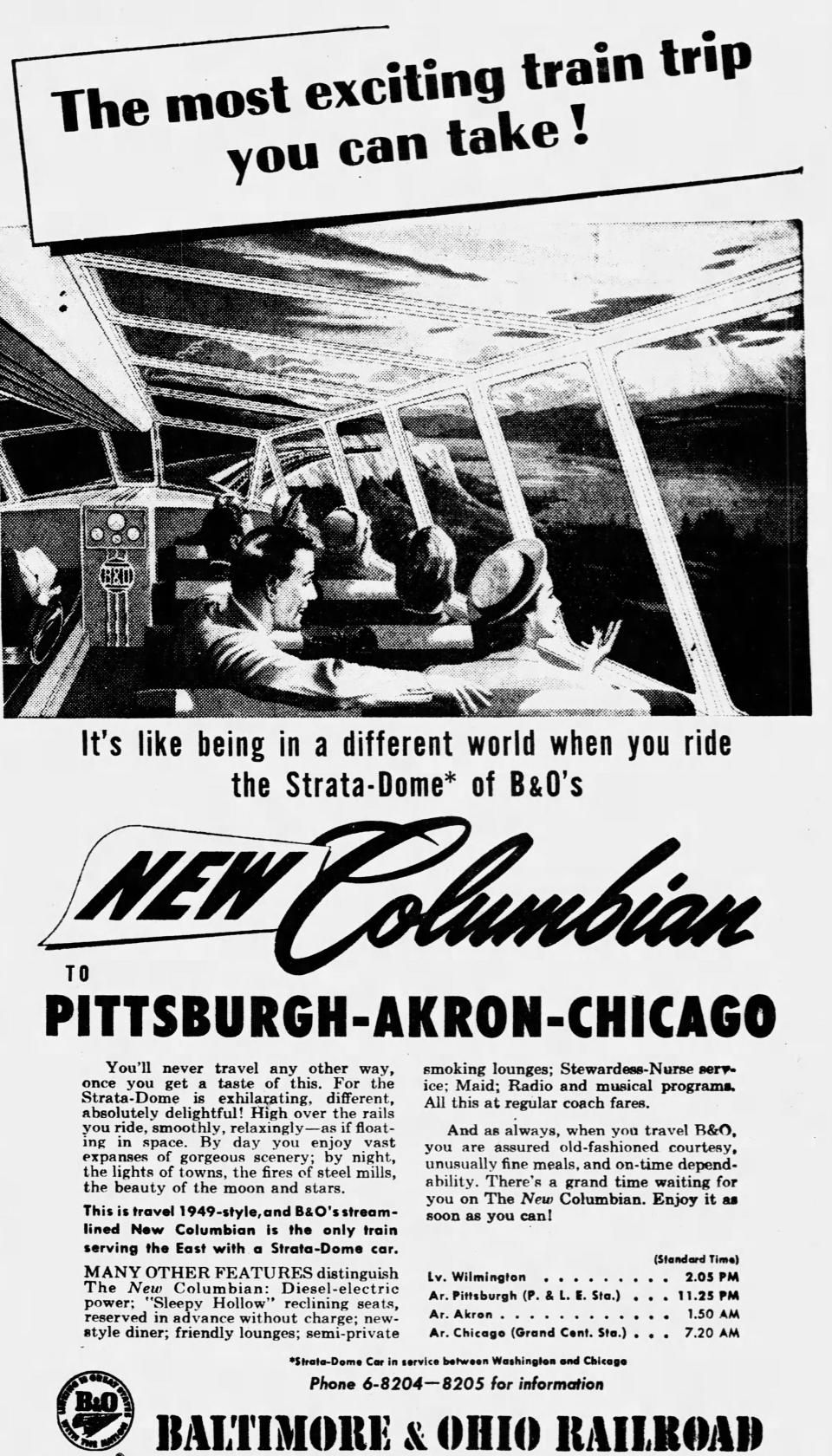 The Baltimore & Ohio Railroad advertises its New Columbian Strata-Dome train in 1949 with service in Akron.