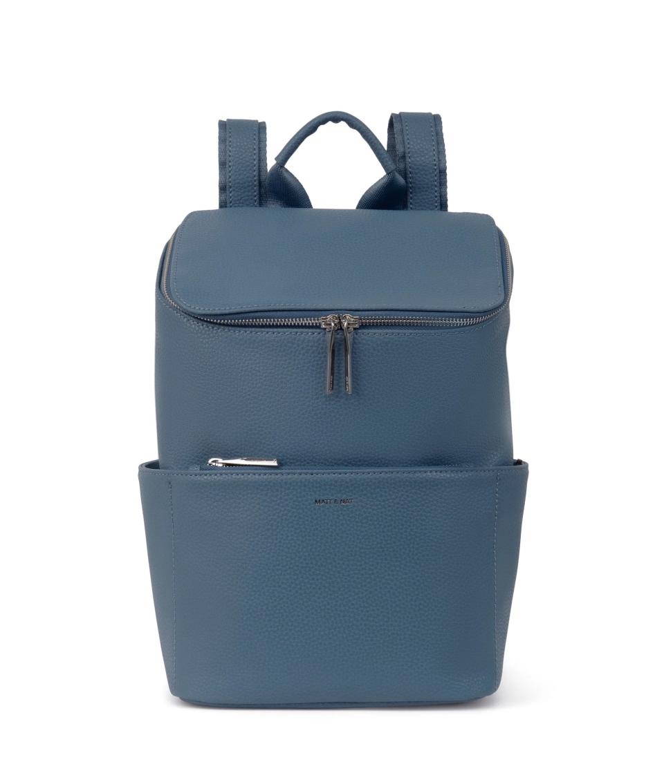 navy blue vegan leather backpack