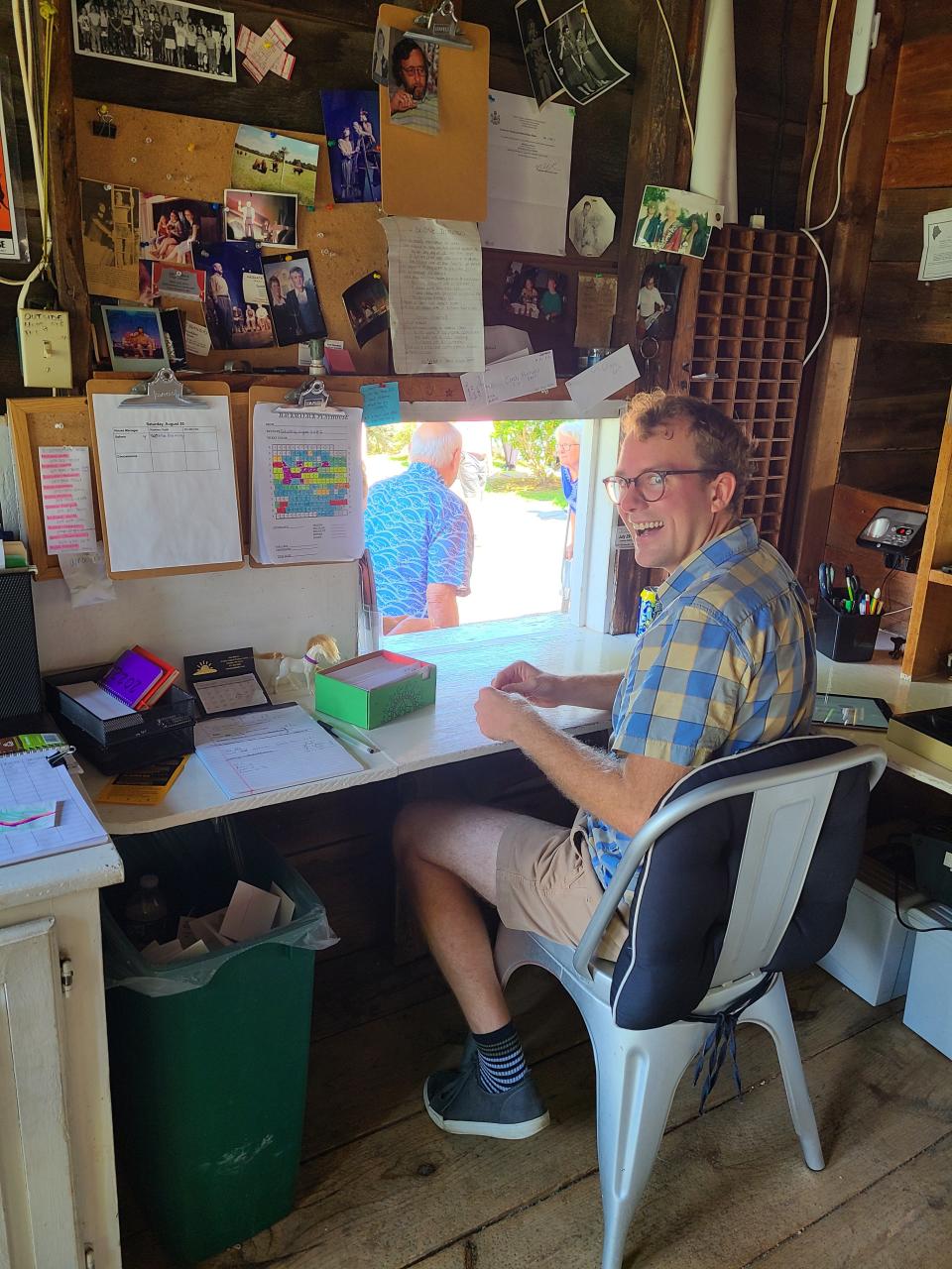 Aram Guptill sits at the Hackmatack Playhouse box office, where he has been a familiar face in recent years. Aram and his brother Conor will be re-opening Hackmatack Playhouse, where they hope to expand on activities for children and to integrate the farm into their community space.